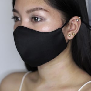 The model is wearing small size black face mask.