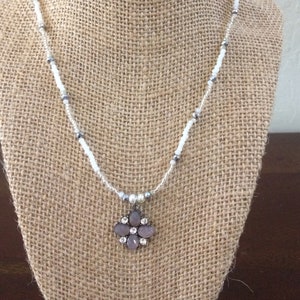 Silver and White Beaded Flower Necklace