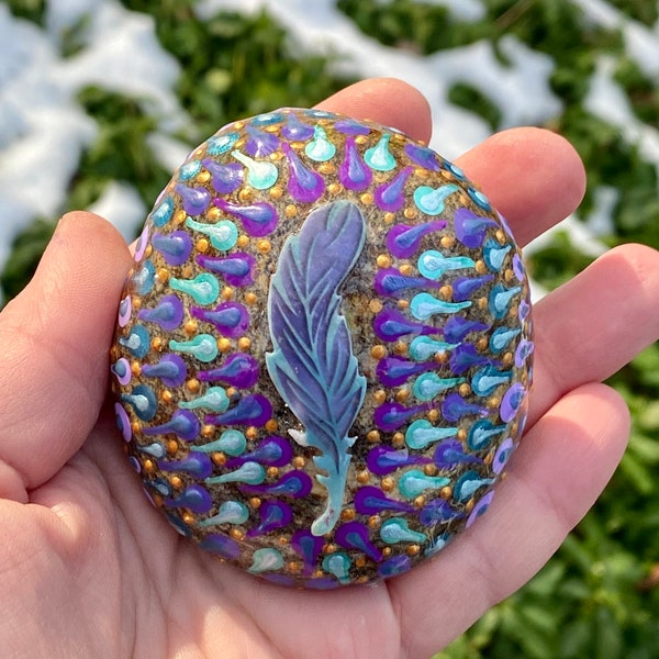 Peacock Inspired Feather Dot Mandala River Stone