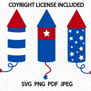 May include: Three red, white, and blue firework rockets with a star design.  SVG PNG PDF JPEG.