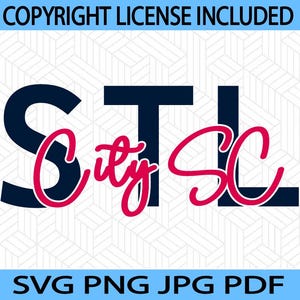 以下が含まれることがあります： ネイビーブルーの「STL」の文字と、ピンクのスクリプトで「City SC」が「S」と「C」に重ねられたデジタルデザイン。「COPYRIGHT LICENSE INCLUDED」と「SVG PNG JPG PDF」の文字が含まれています。