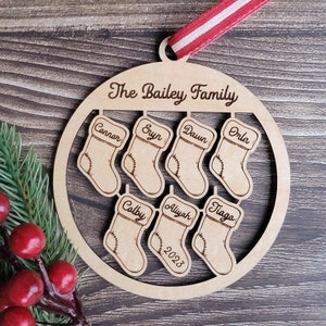 Christmas Stocking Ornament Great for Families Personalized up to 7 names, in Maple Choose your Year