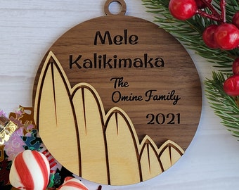 Surfboard Christmas Ornament with Walnut Background Personalized Choose your Year