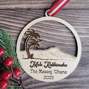 Mele Kalikimaka Ornament Diamond Head with Palm Tree in Maple Personalized Custom Made