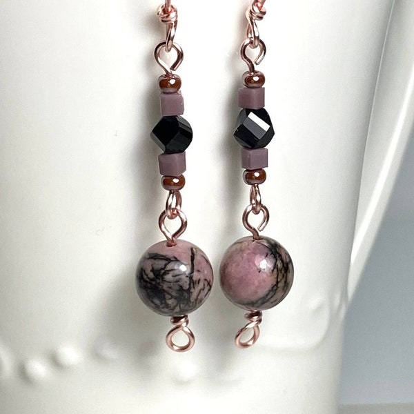 Natural Veined Rhodonite Gemstone Dangling Earrings. Dusty Pink and Black Evening Jewelry. Pale Pink and Black Gemstone Handmade Earrings.