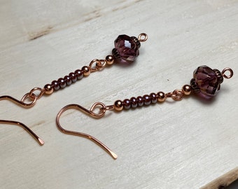 Romantic Victorian Dangling Earrings. Pretty Bronzed Purple Puff Beaded Drop Dangling Earrings. Dressy Elegant Opalescent Evening Earrings.