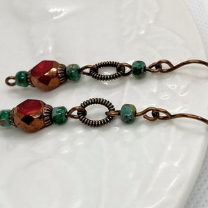 Ruby Red Bronze Finish, Picasso Green, Textured Brass Rustic Style Drop Dangle Earrings. Lady Bug Red, Seafoam Green, Boho Dangle Earrings.