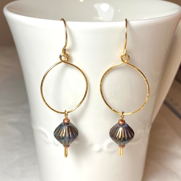 Textured Brass Wire Hoops with Dangling Gold and Bronze Finished Blue Green Czech Glass Ribbed Bicone Beads. Brass Hoop Dangle Earrings.