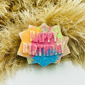 Happy Birthday Rainbow Bath Bomb scented birthday cake made with Coconut Oil - Homemade Bath Fizzy with Foamy Bath Art for Kids