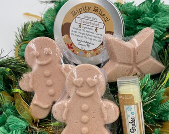 Gingerbread Holiday Gift Set - 1 Lotion Bar, 3 Bath Bombs & 1 Creme Brulee Lip Balm - Bath and Body Products Christmas Stocking Stuffer