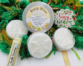 Sugar Cookie Holiday Gift Set - 1 Lotion Bar, 3 Bath Bombs & 1 Vanilla Lip Balm - Bath and Body Products Christmas Stocking Stuffer