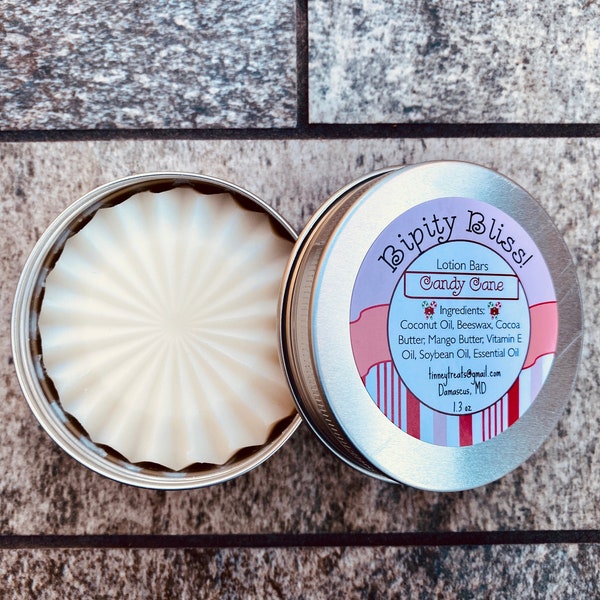 Candy Cane All Natural Handmade Lotion Bar -Cocoa & Mango Butter -Coconut Oil -Christmas Stocking Stuffer -Holiday/Winter Peppermint Scent