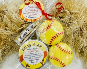 Softball Bath Bomb, Lotion Bar and Lip Balm gift set - Homemade sports Bath Fizzies for softball players and moms - Customized Team Tag