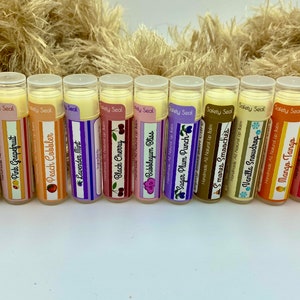 All Natural Homemade Lip Balm made with moisturizing avocado, coconut, jojoba, castor, vitamin E oil and natural flavor oil, choose a flavor image 1