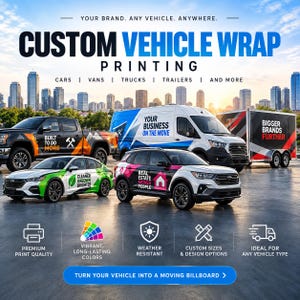 May include: A promotional graphic for custom vehicle wrap printing featuring a city skyline background and various vehicles including a truck, van, and cars with branded decals. Text includes 'CUSTOM VEHICLE WRAP PRINTING' and 'YOUR BRAND. ANY VEHICLE. ANYWHERE.'