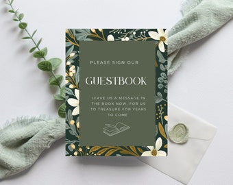 Green Guest Book Wedding Sign Winter Wedding Guestbook, Sign Our Guestbook, Editable Christmas Sign Instant Personalised Canva Download