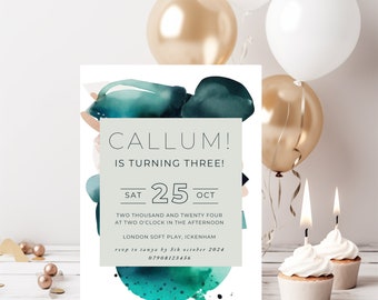 Green / White 3rd Birthday Modern Abstract Invitation Template Minimalist Abstract Art Invite Personalisable Editable Instant Canva Download