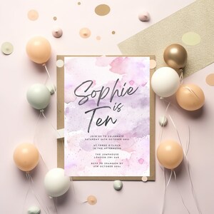 Acuarela 10.o cumpleaños invitación colorido pastel salpicadura rosa púrpura tinta pintura moderna simple editable imprimible Canva Descargar