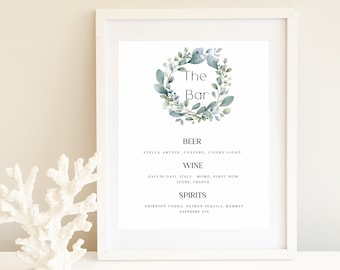 Plantilla de menú de bebidas de boda Greenery, menú de barra de hojas minimalista de 8x10' Plantilla Canva de descarga digital instantánea, plantilla de boda moderna verde