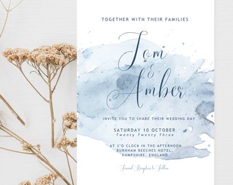 Hochzeitseinladung Vorlage Blau Aquarell Hochzeit Einladung Sofortiger Digitaler Canva Download Bearbeitbare DIY Moderne druckbare Hochzeitsvorlage
