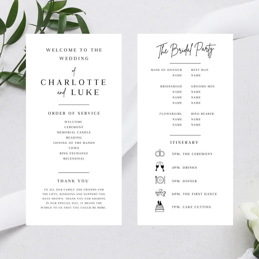 Program Sizes Minimalist 4x8’ Wedding Program Template Modern Thin Wedding Programme ...