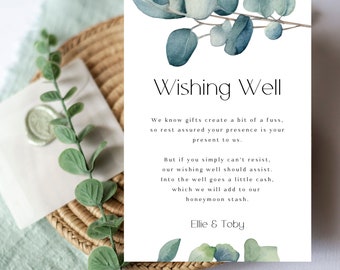 Leaf Wedding Wishing Well Template, Minimalist Greenery Wishing Well Card, Instant Digital Download, Canva Template, Modern Wedding Template