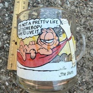 May include: Clear glass mug featuring Garfield the cat relaxing in a hammock. The mug has the text "IT'S NOT A PRETTY LIFE BUT SOMEBODY HAS TO LIVE IT." The mug also has the signature "JIM DAVIS" at the bottom.