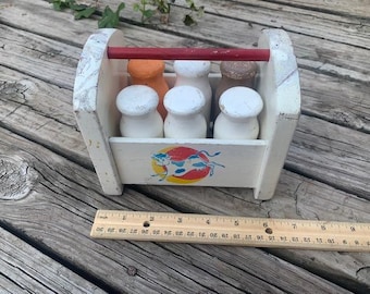 1950s Playskool Wood Dairy Crate with 6 Wood Milk Bottles