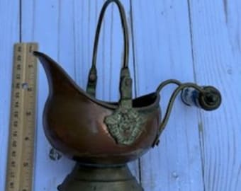 Antique Copper Coal Scuttle with Lion Heads and brass/copper/ceramic handles