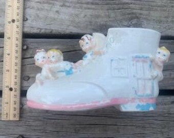 Vintage Ceramic Children on Shoe Planter/Container