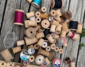 Bag of 68 Wooden Thread Spools