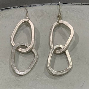 Matte Brushed Silver-Toned Abstract Double Hoop Earrings  (Medium)