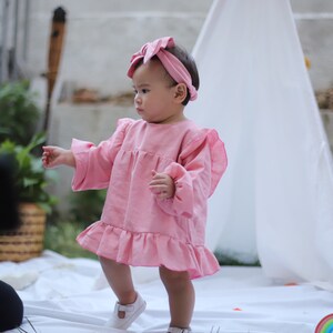 Baby girl dress - pink babygirl dress - baby girl gift - bow headband baby - linen baby outfit