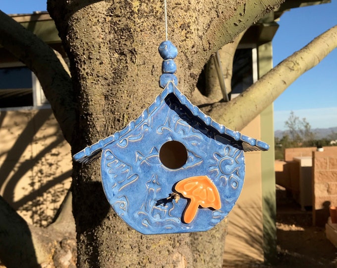 Circular Beach Birdhouse  | Handmade Pottery | Beach Theme | Fun Yard Art | Birthday Gift | Housewarming or Host Gift | Anytime Gift