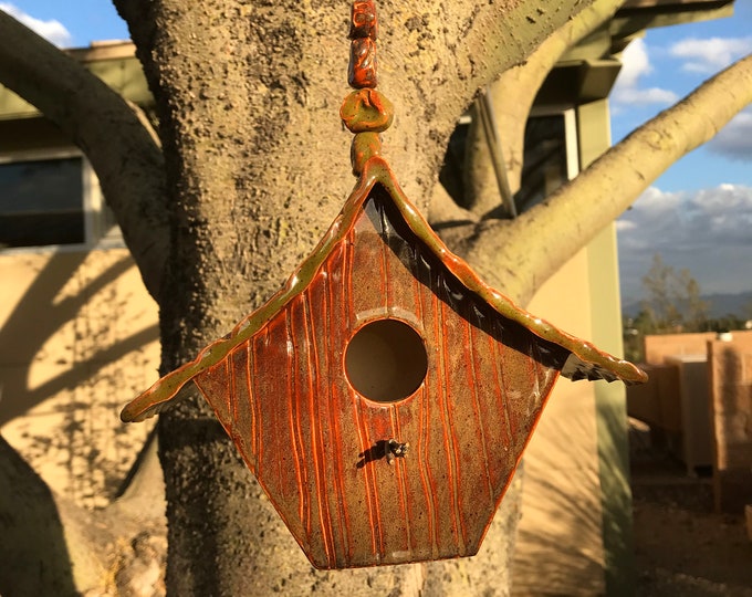 Pentagon Birdhouse with Curved Roof | Horse Lovers Theme | Handmade Pottery | Fun Yard Art | Birthday Gift | Housewarming or Host Gift
