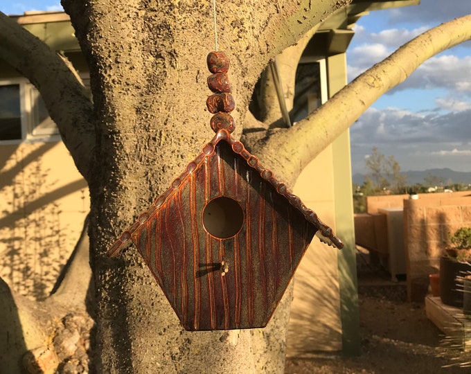 Pentagon Birdhouse with Pitched Roof | Horse Lovers Theme | Handmade Pottery | Fun Yard Art | Birthday Gift | Housewarming or Host Gift