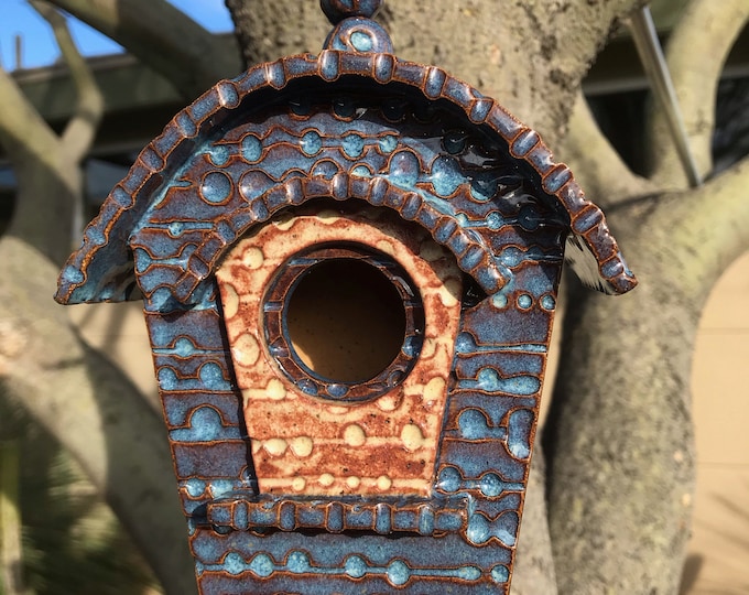 Blue Jean Birdhouse with Rustic Porch | Handmade Pottery | Fun Yard Art | Birthday Gift | Housewarming or Host Gift | Anytime Gift