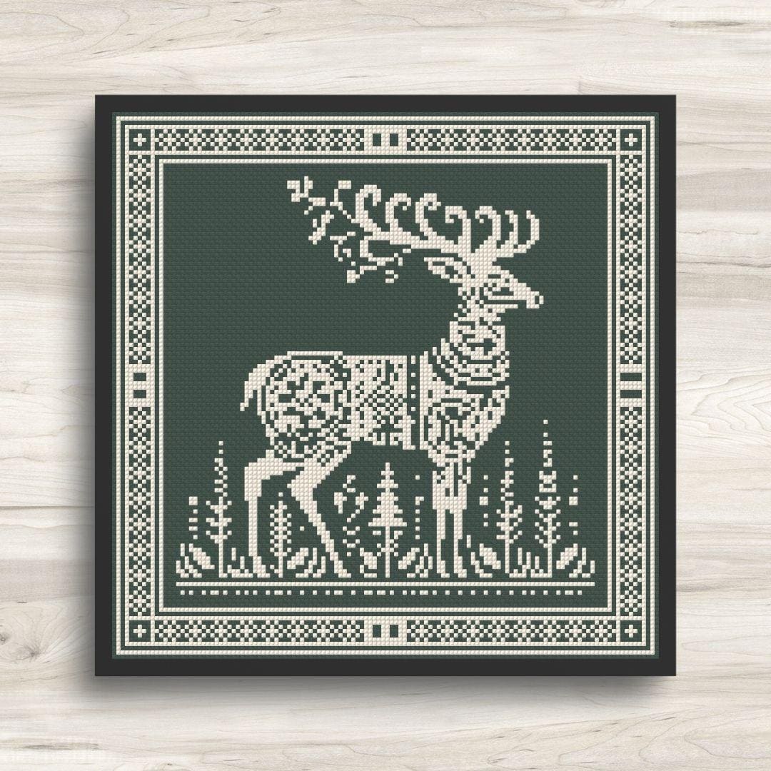 Folk Art Deer Cross Stitch Pattern - Monochrome Motif 2 - PDF Download ...