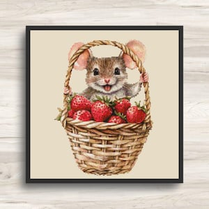 May include: A cross-stitch image of a smiling mouse in a woven basket filled with ripe red strawberries. The mouse has brown fur and large pink ears. The basket is brown and has a handle. The background is a light beige color.