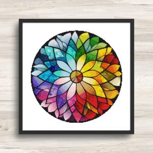 Ronde bloemen van glas in lood 3 kruissteekpatroon pdf – bloemen mandala borduurkaart – kleurrijk modern doe-het-zelf borduurontwerp