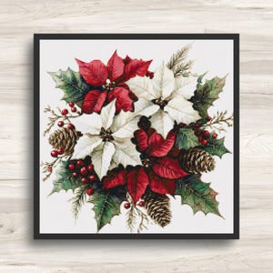 Cross Stitch Pattern: Christmas Poinsettia Flower Bouquet 5 - PDF Instant Download