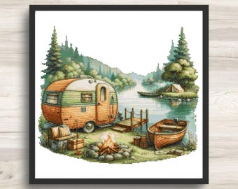 Orange Camper Cross Stitch Pattern - Vintage Caravan Trailer - PDF Download - Pattern Keeper