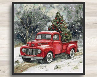 Red Truck Cross Stitch Pattern Ford Pickup w/ Christmas Tree Motif 1 - PDF Download