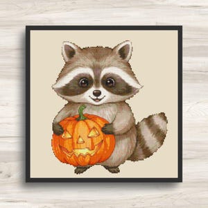 Cross Stitch Pattern: Halloween Raccoon with Pumpkin - PDF Instant Download