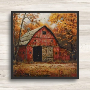 May include: A framed cross-stitch of a red barn with open doors, surrounded by trees with orange and yellow leaves. The barn has a weathered appearance, and the scene evokes an autumn landscape.