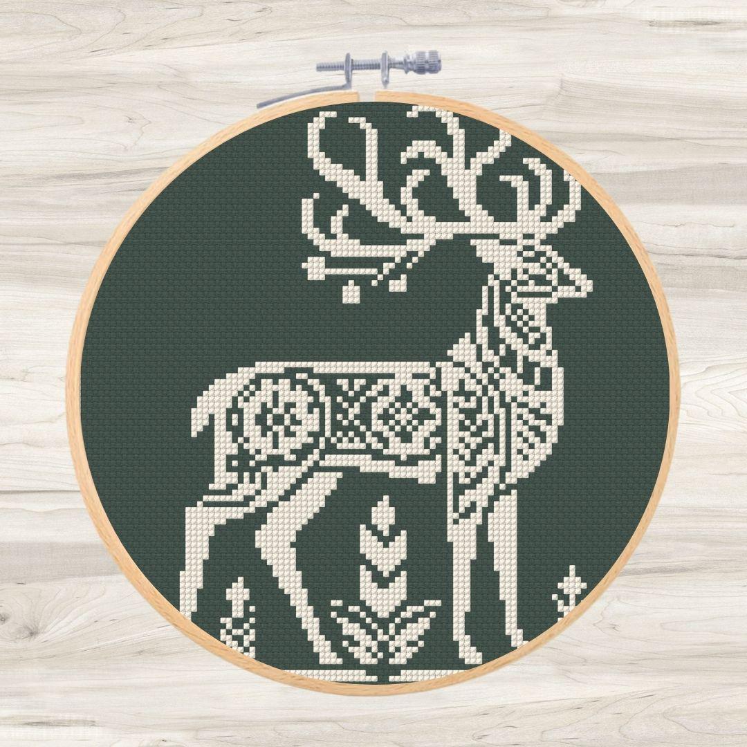 Folk Art Deer Cross Stitch Pattern - Monochrome Motif 3 - PDF Download ...