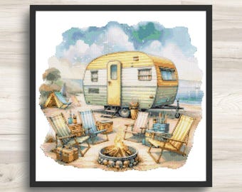 Yellow Camper Cross Stitch Pattern - Vintage Caravan Trailer - PDF Download - Pattern Keeper