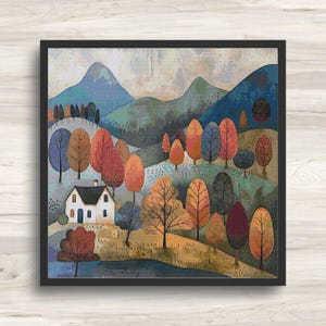 Puede incluir: Una pintura de una casa blanca con un techo rojo en un bosque con árboles coloridos. Los árboles están en tonos de rojo, naranja, amarillo y verde. La casa está rodeada de un césped verde exuberante y un cielo azul.