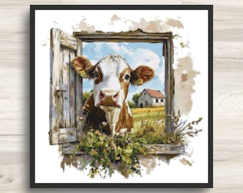 Patrón de punto de cruz: Vaca de la ventana de la granja 3 - Descarga instantánea en PDF