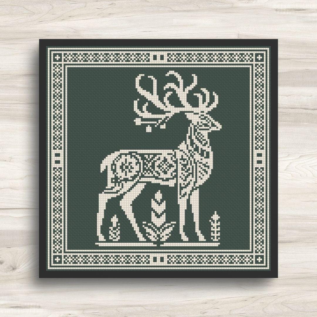 Folk Art Deer Cross Stitch Pattern - Monochrome Motif 3 - PDF Download ...